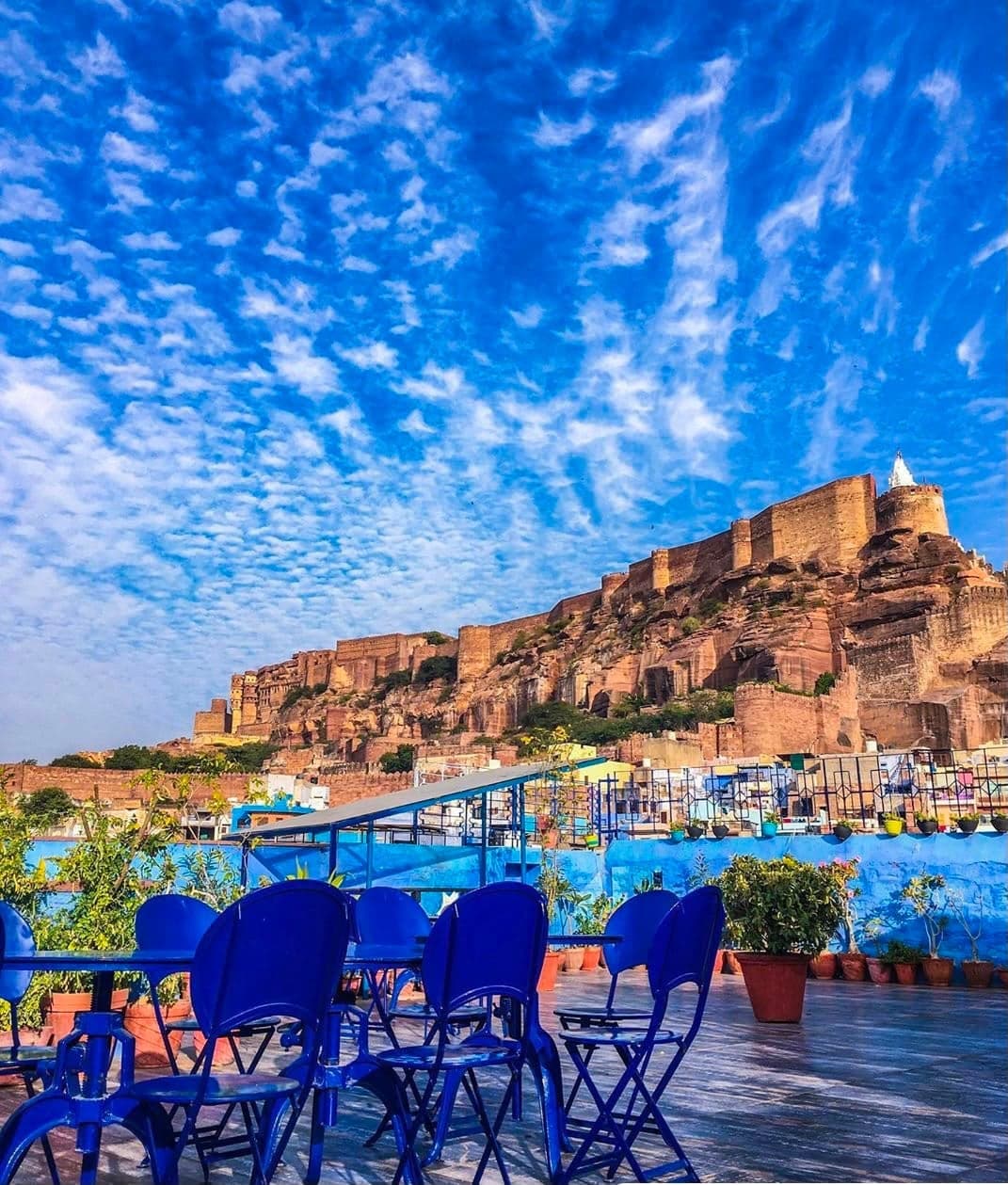 Rooftop dining with Mehrangarh Fort lit at night