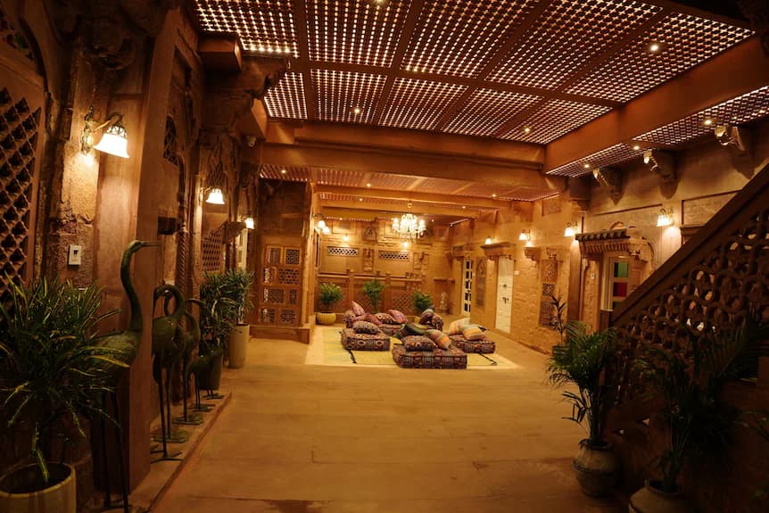 Lounge seating in the haveli's ground-floor hall